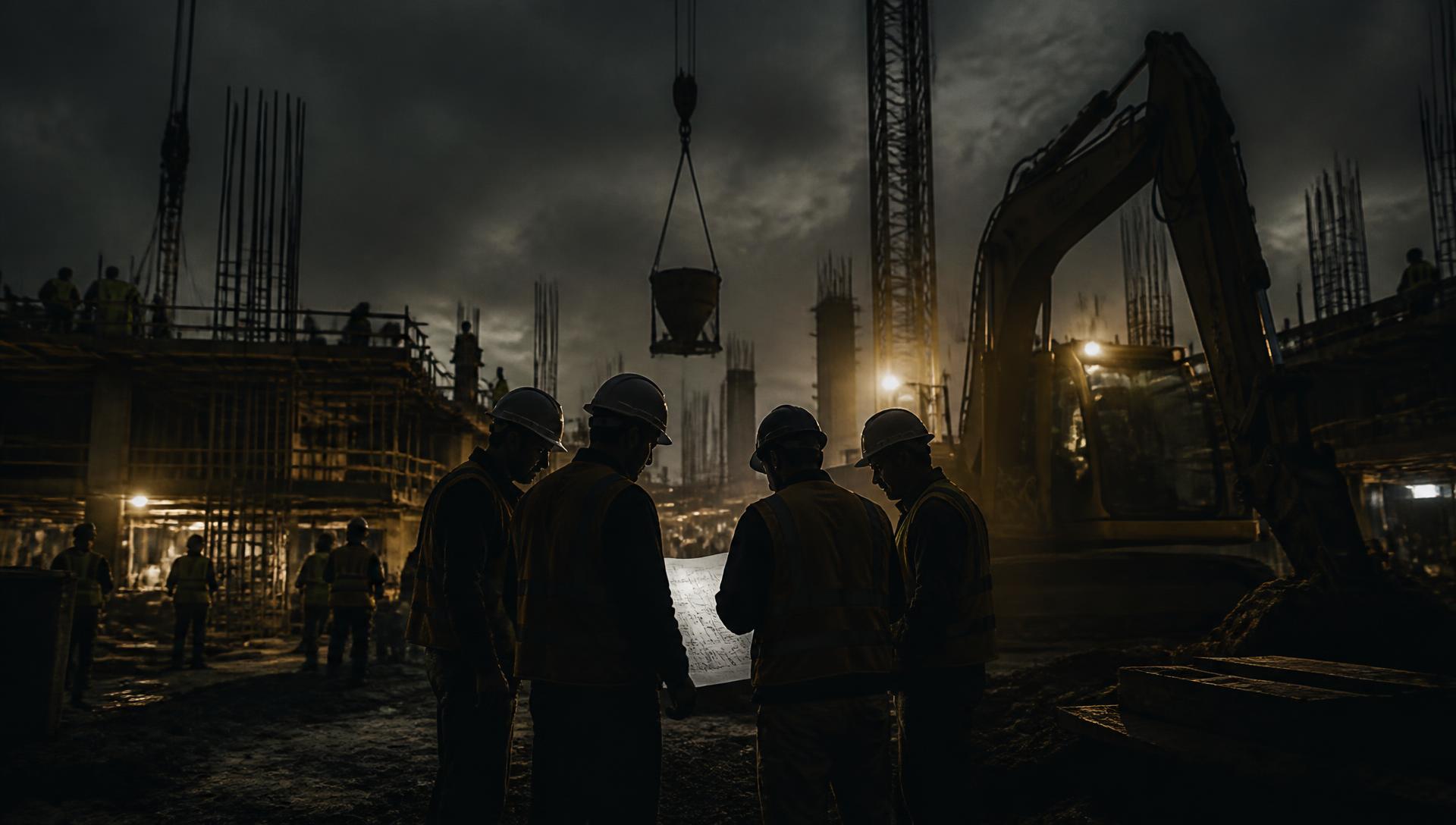 Field crew reviewing plans on an active construction site
