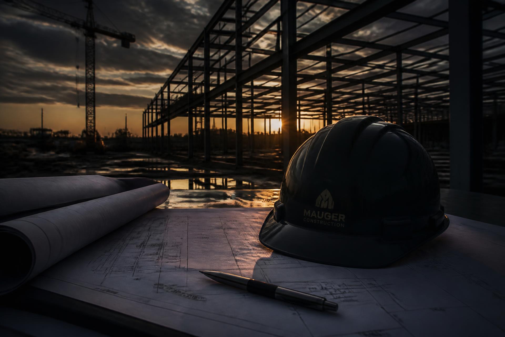 Construction site at dusk with blueprints and a hard hat